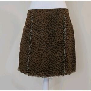 Umgee Mini Skirt Womens L Brown Black Leopard Cotton Denim Raw Hem Pockets